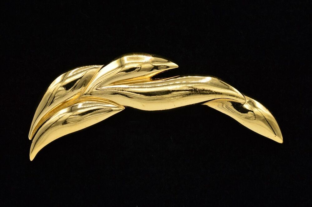 Givenchy Vintage 4" Chunky Pin Brooch Gold Large Chunky Leaf Signed 1980s BinF